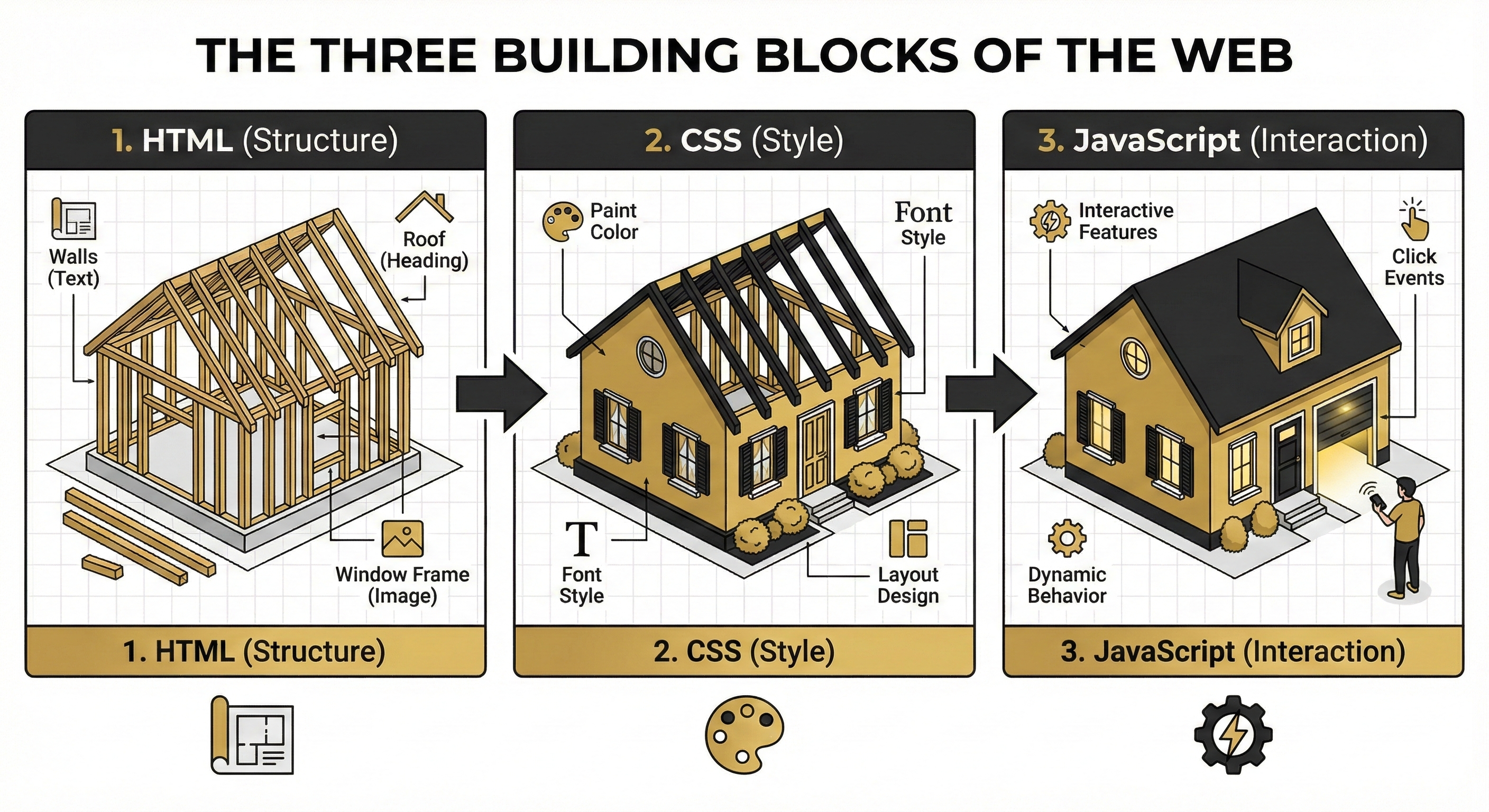 Infographic showing HTML as the structure, CSS as the style, and JavaScript as the interaction